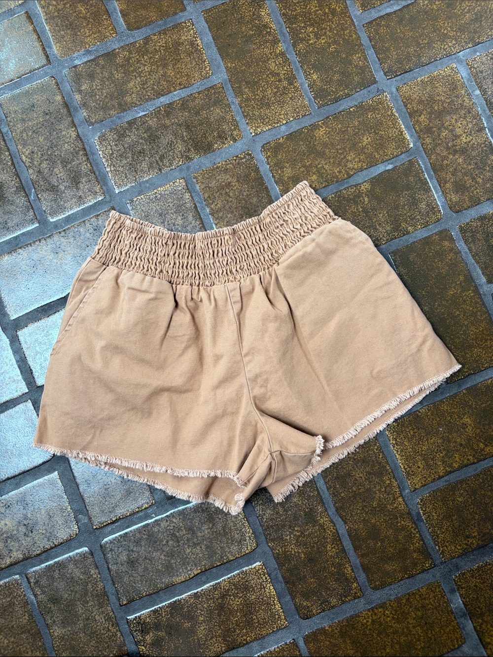 Wild Fable Brown Smocked High Waist Raw Hem Cotton Short